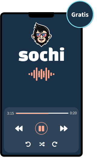 La aplicación web de sochi en un dispositivo móvil. Hay una etiqueta en el dispositivo que dice gratis.
                        El dispositivo reproduce nuestro curso de audio gratuito para aprender inglés. En la parte superior de la
                        pantalla está nuestro logotipo Sochi, que es un mono, y debajo está el nombre de Sochi en fuente Changa One.
                        Debajo hay un icono de una longitud de onda en naranja. Debajo están los controles multimedia de rebobinado,
                        avance rápido y abajo.