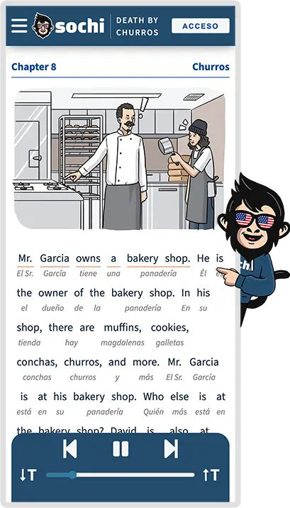 Captura de pantalla del capítulo 8. El Sr. García y su empleado David están en la panadería, y el Sr. García le grita a David y señala la estufa.
                        David está mirando una olla que tiene en la mano. Sochi señala el texto que se encuentra debajo de la ilustración.